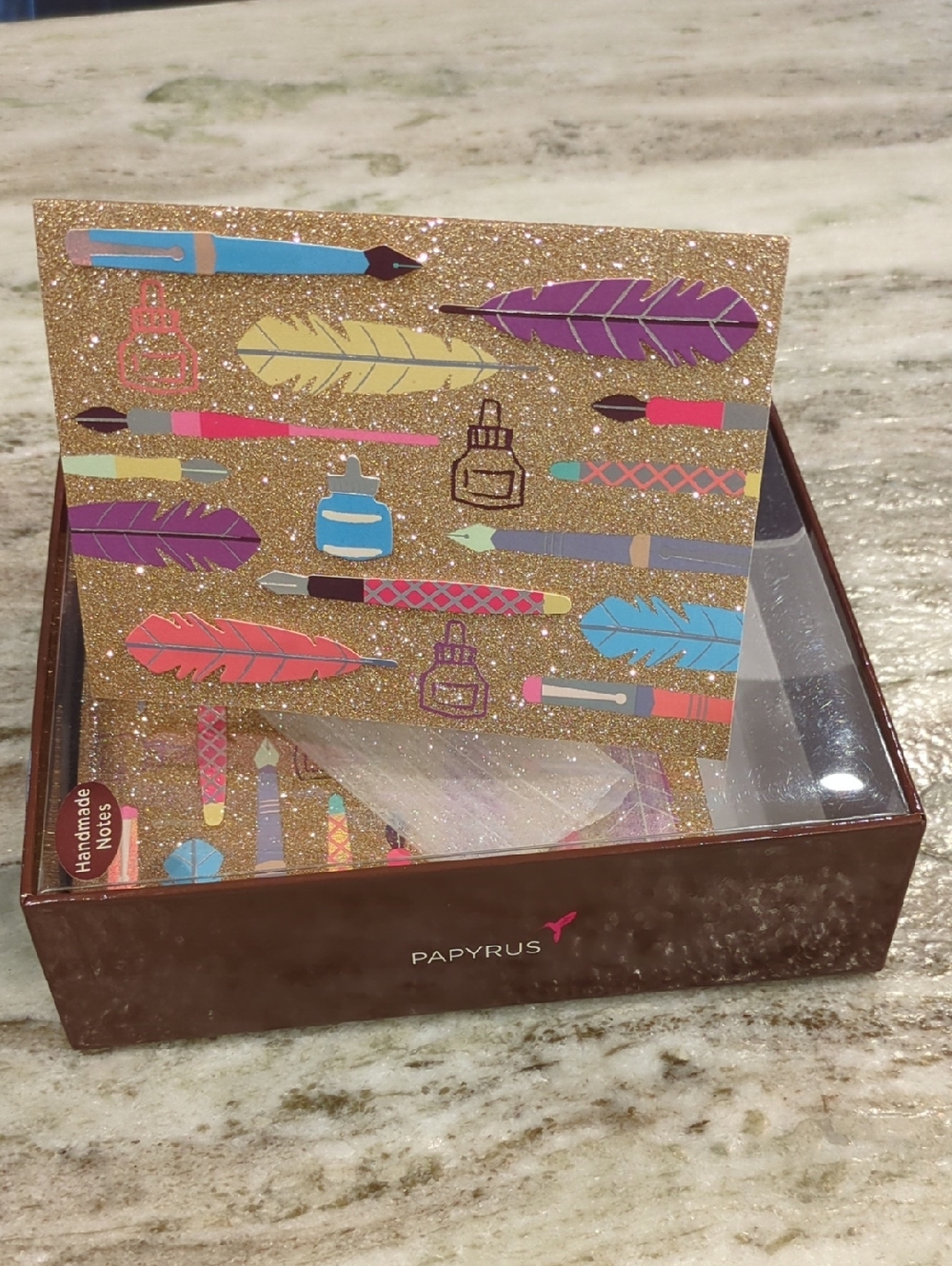 Papyrus Handmade Glitter Feather & Pen Note Cards